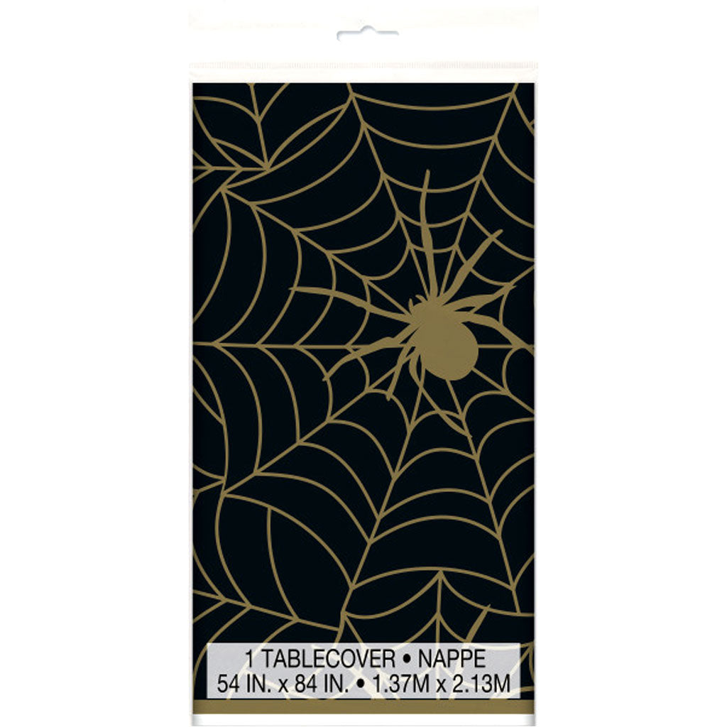 Black &amp; Gold Spider Web Rectangular Plastic Table Cover, 54in x 84in