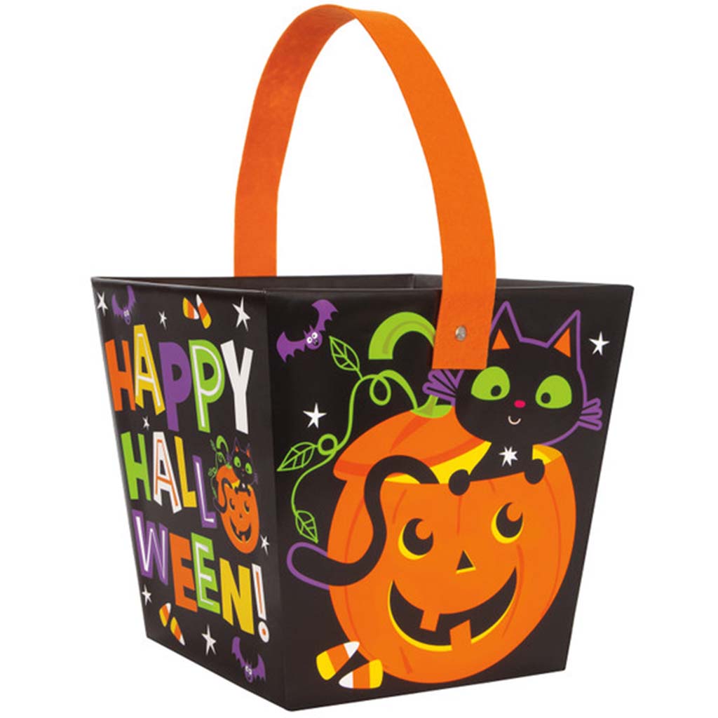 Cat &amp; Pumpkin Halloween Paper Bucket 7.5in H X 7in W