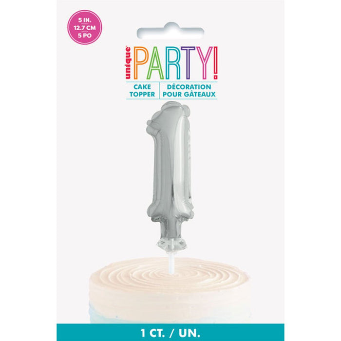 Silver Foil Number Balloon 1 Cake Topper, 5in