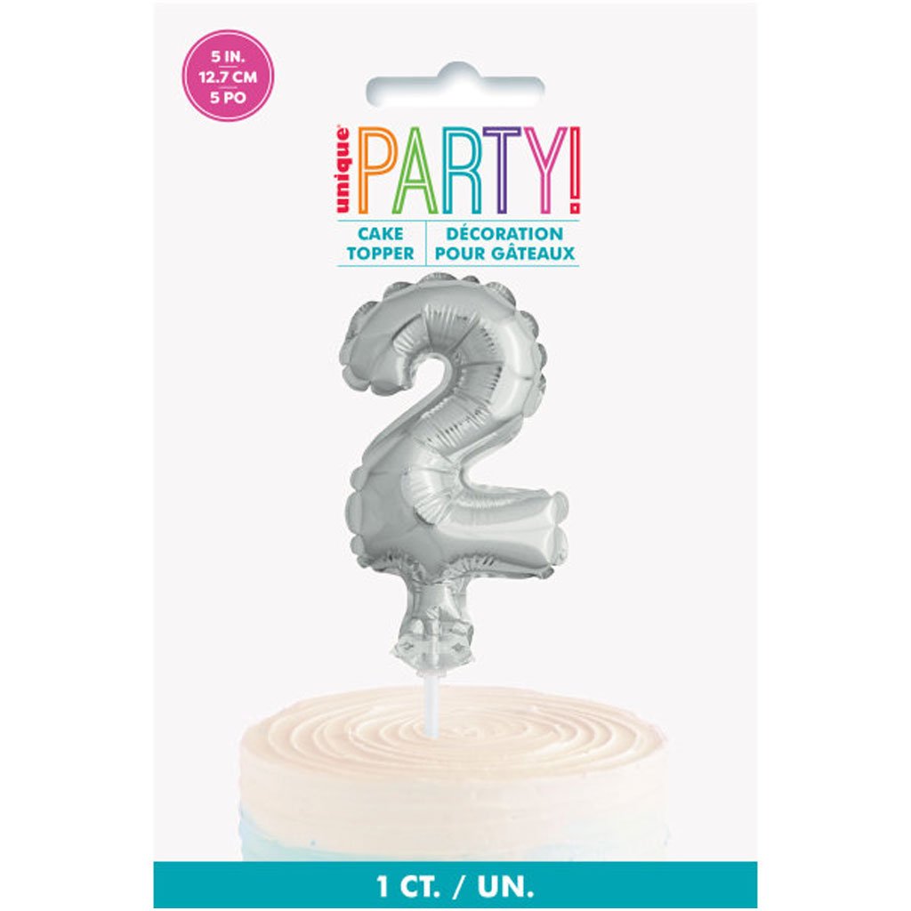 Silver Foil Number Balloon 2 Cake Topper, 5in