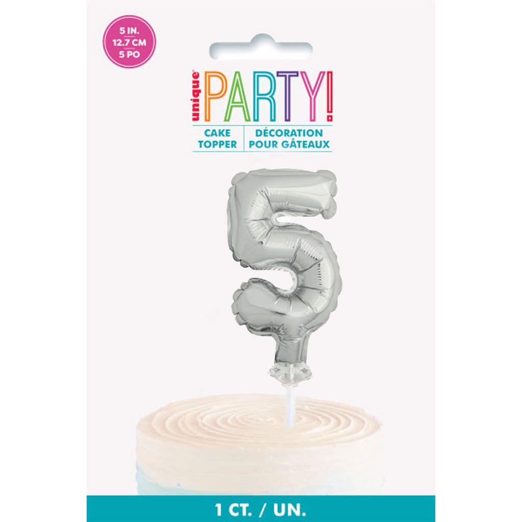 Silver Foil Number Balloon 5 Cake Topper, 5in