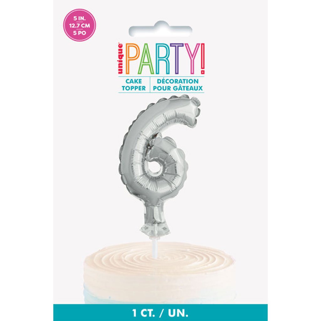 Silver Foil Number Balloon 6 Cake Topper, 5in