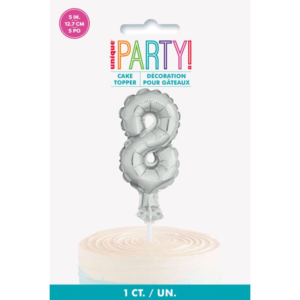 Silver Foil Number Balloon 8 Cake Topper, 5in