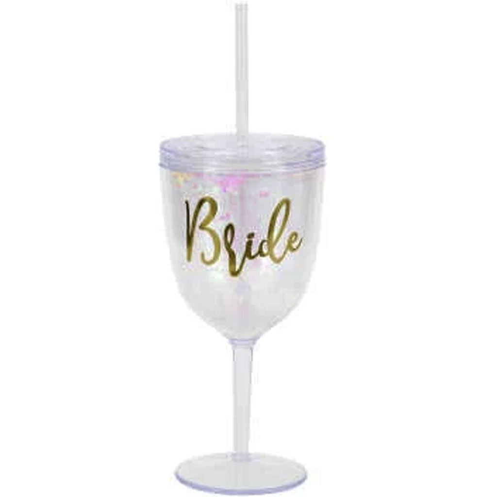 Plastic Glitter Bride Cup With Straw &amp; Lid