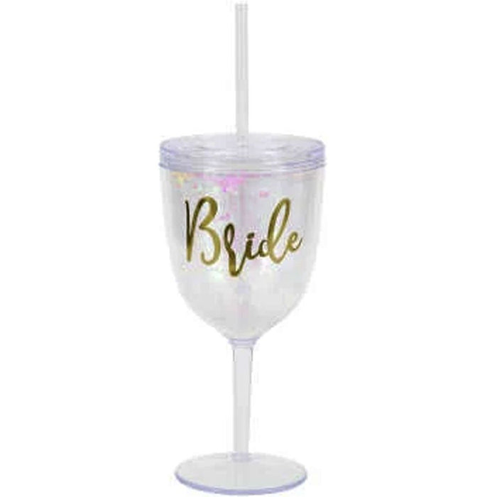 Plastic Glitter Bride Cup With Straw & Lid