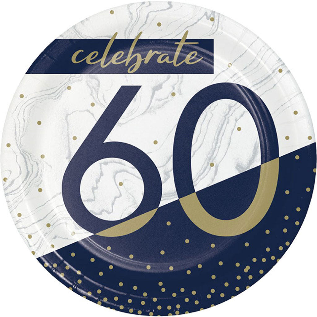 Navy and Gold 60th Birthday Dessert Plates 8ct, 7in