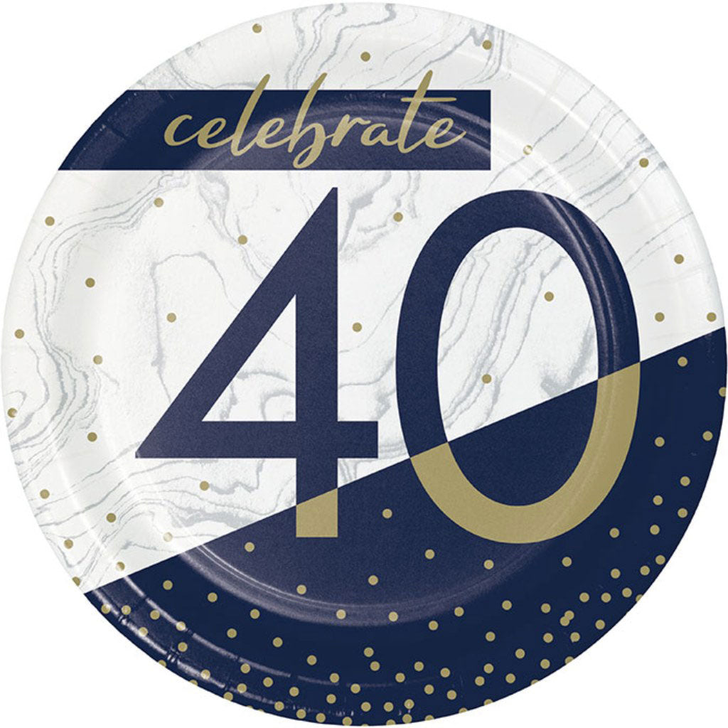 Navy and Gold 40th Birthday Dessert Plates 8ct, 7in