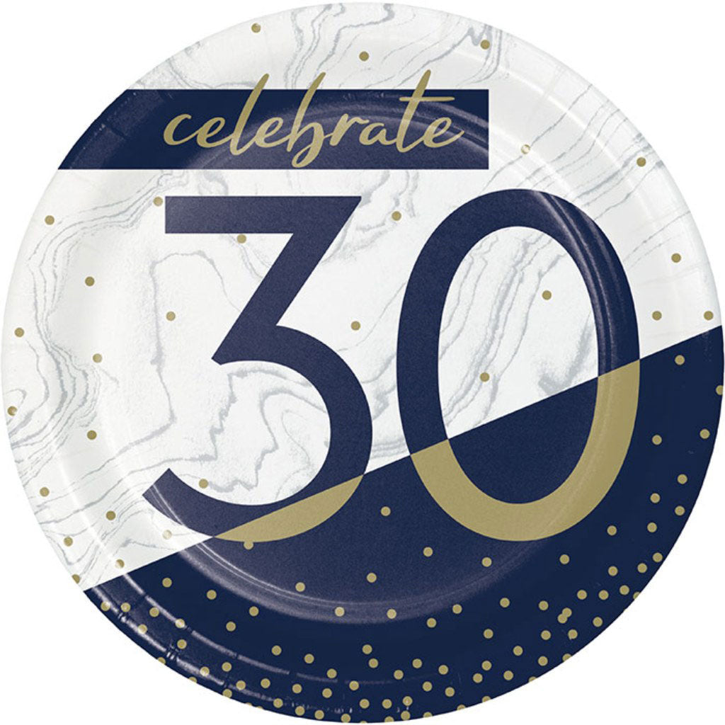 Navy and Gold 30th Birthday Dessert Plates 8ct, 7in