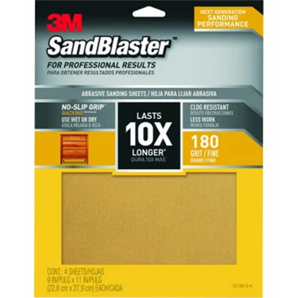 Sandpaper with No-Slip Grip 180 Grit Fine 9in x 11in, 4 Sheets