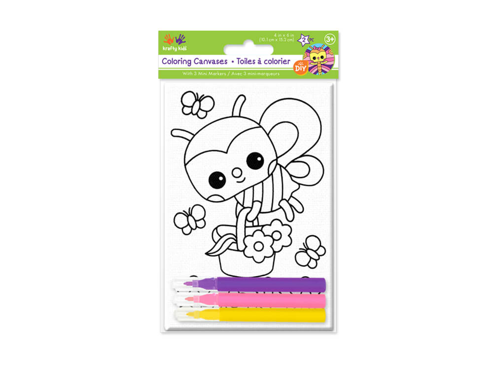 Krafty Kids Kit: DIY Canvas Coloring , Asst. w/3 mini markers  Flying Friends, 4in x 6in, 2pc