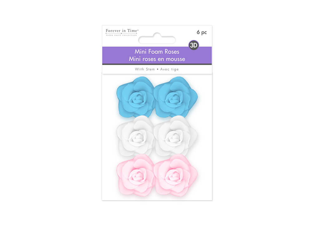 Floral Embellish:  Mini Foam Roses x6 w/Stem  Asst. Colors  Pastel, 1.4in