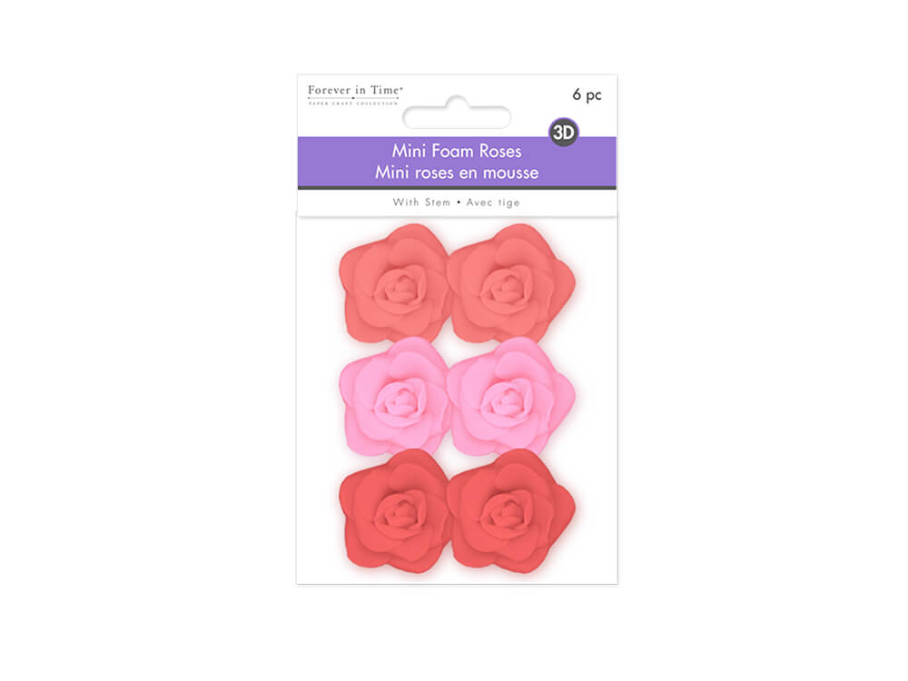 Floral Embellish:  Mini Foam Roses x6 w/Stem  Asst. Colors  Red Rose, 1.4in