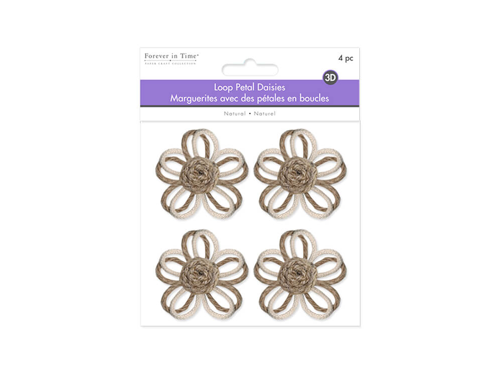 Floral Embellish:  Loop-Petal Daisies x 4 Handmade  Jute Stamen, 2.2in