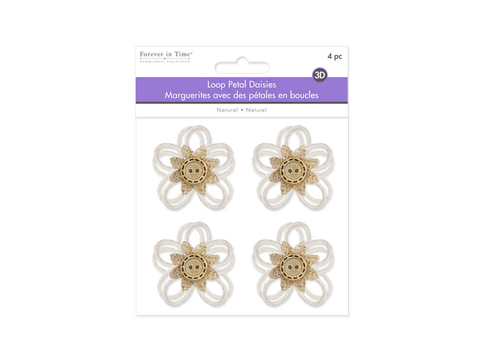 Floral Embellish:  Loop-Petal Daisies x 4 Handmade  Button Stamen, 2.2in