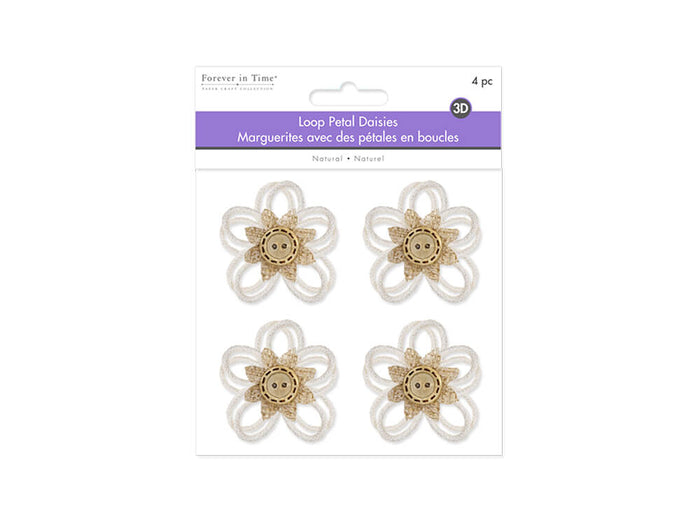 Floral Embellish:  Loop-Petal Daisies x 4 Handmade  Button Stamen, 2.2in