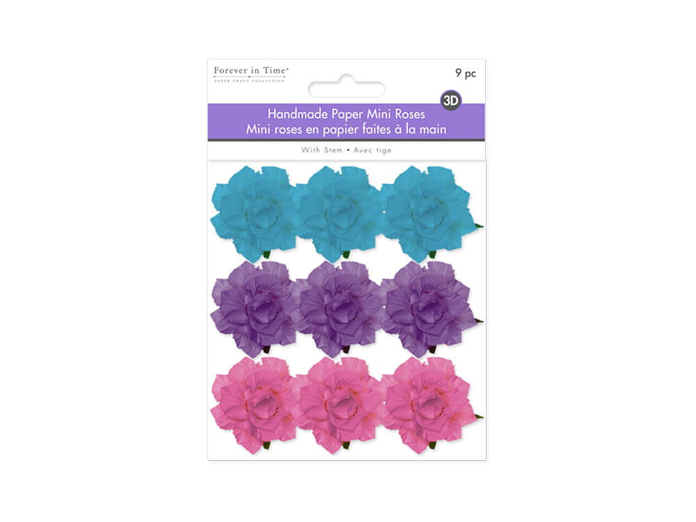 Floral Embellish:  Handmade Paper Mini Open Roses x 9 w/Stem  Bold, 1.25in