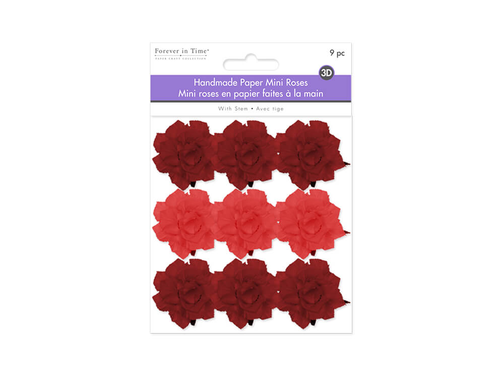 Floral Embellish:  Handmade Paper Mini Open Roses x9 w/Stem  Red Rose, 1.25IN