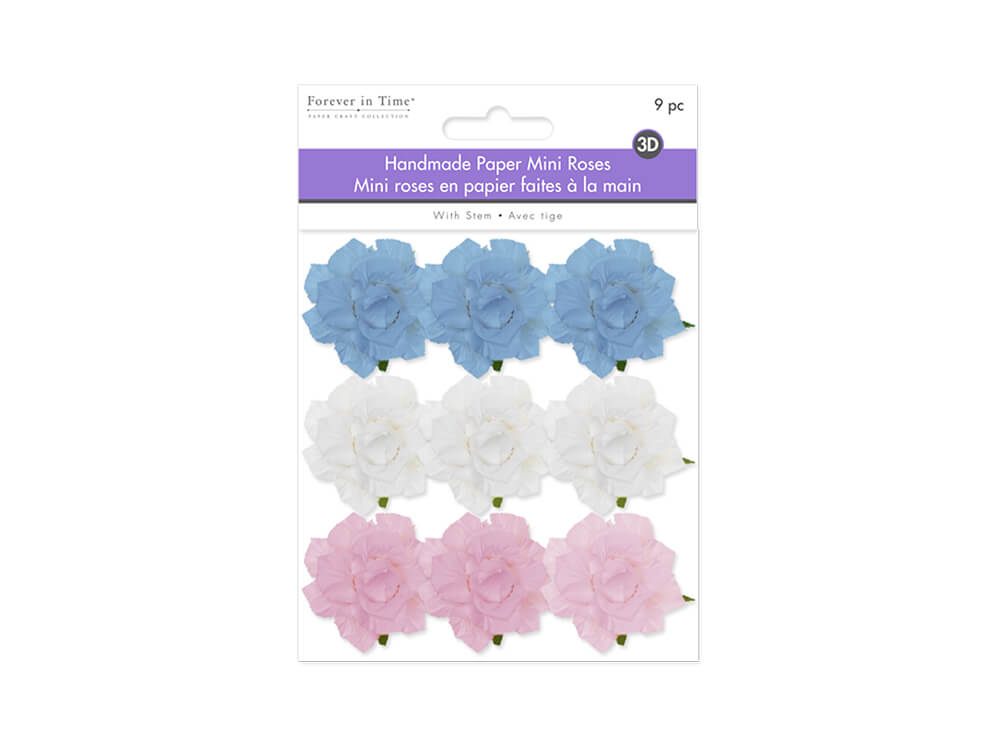 Floral Embellish:  Handmade Paper Mini Open Roses x 9 w/Stem  Pastel,  1.25in