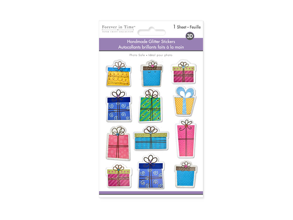 Handmade Sticker: 3D Glitter Gift Boxes, 4.5in x 5.5in