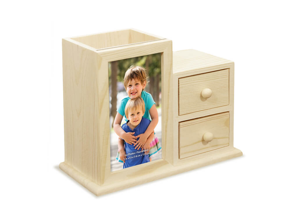 Wood Craft:  Desk Caddy w/2-Drawer+Photo Slot, 6.9in x 3.35in x 5.3in