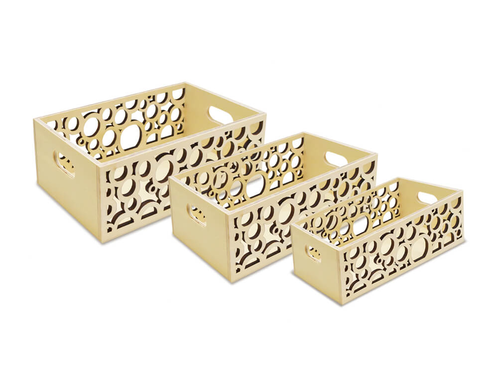 Wood Craft:  Box Caddy Set Laser-Cut Set/3  Bubbles, 7.8 x 5in/7 x 4.2in/6.2 x 3.4in