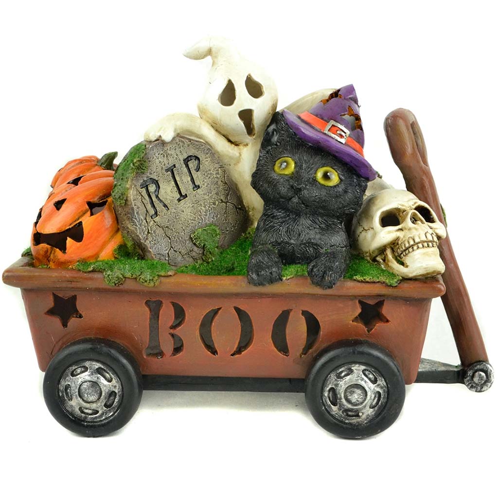 Led Halloween Wagon with Ghost And Cat, 8in