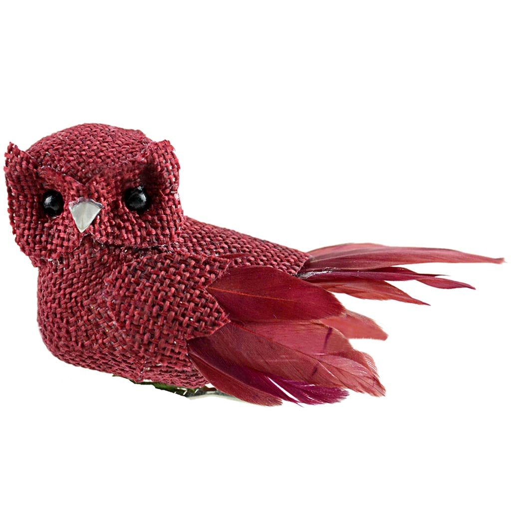 Crimson Burlap Owl with Clip 3.5in