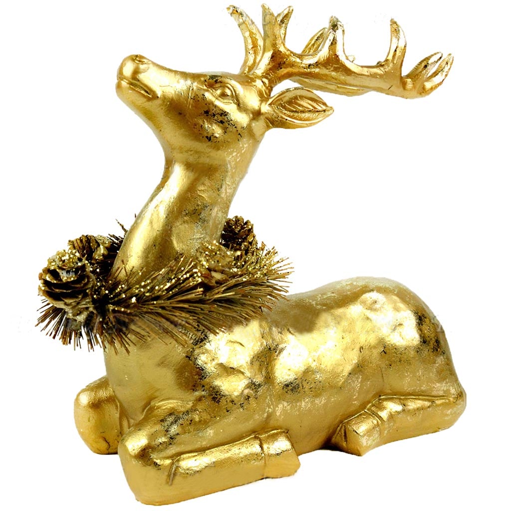 Laying Down Gold Deer with Wreath, 8in
