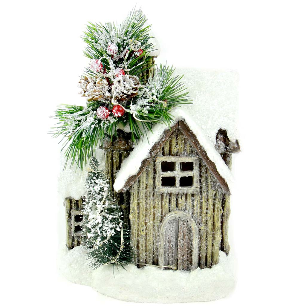 Led House with Snow Trees and Bristle 9in