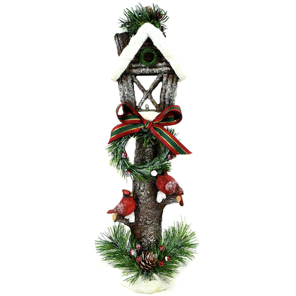 Tree Light Post with Snow A Wreath And Cardinals 15in