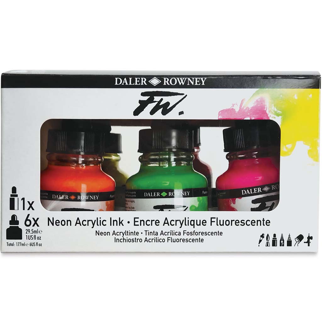 FW Acrylic Water Resistant Artists Ink 1oz Neon Colors Set of 6 with Empty Marker