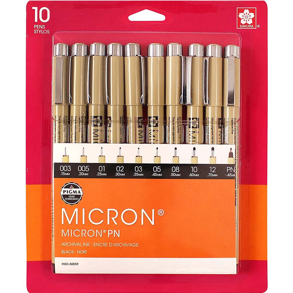 Sakura Pigma Micron Pens Set of 10 Black Assorted Wide