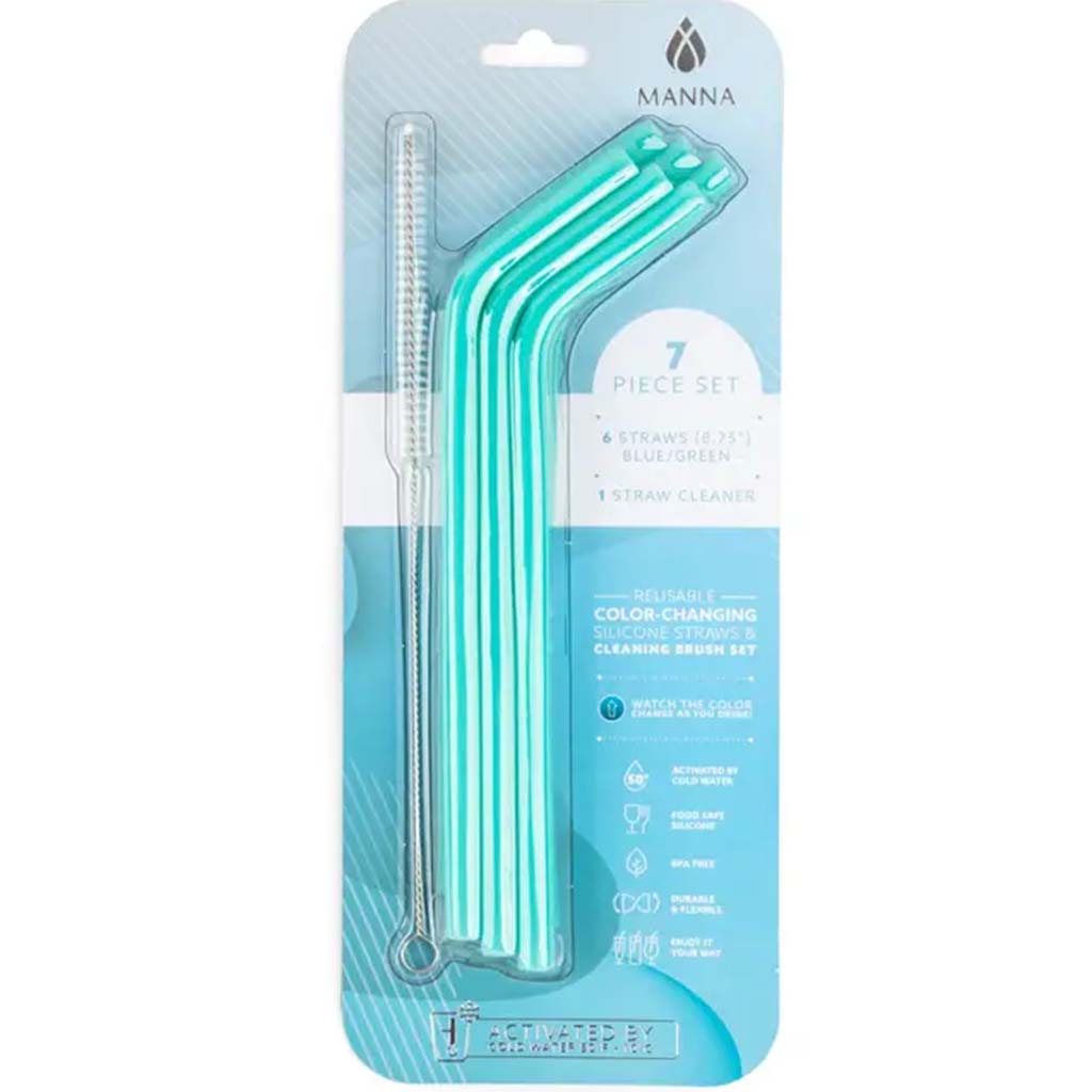 Blue Green Silicone Skinny Straws and Cleaner Set, 7pc