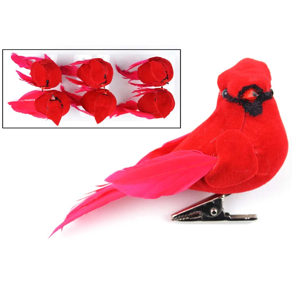 Red Feather Cardinal on Clip 6pc 3in