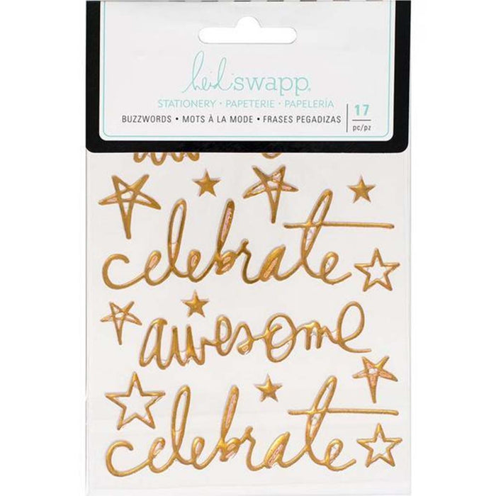Heidi Swapp Stationery Epoxy Sticker Buzz Words 4in x 6in- Celebrate Gold foil, 17pcs
