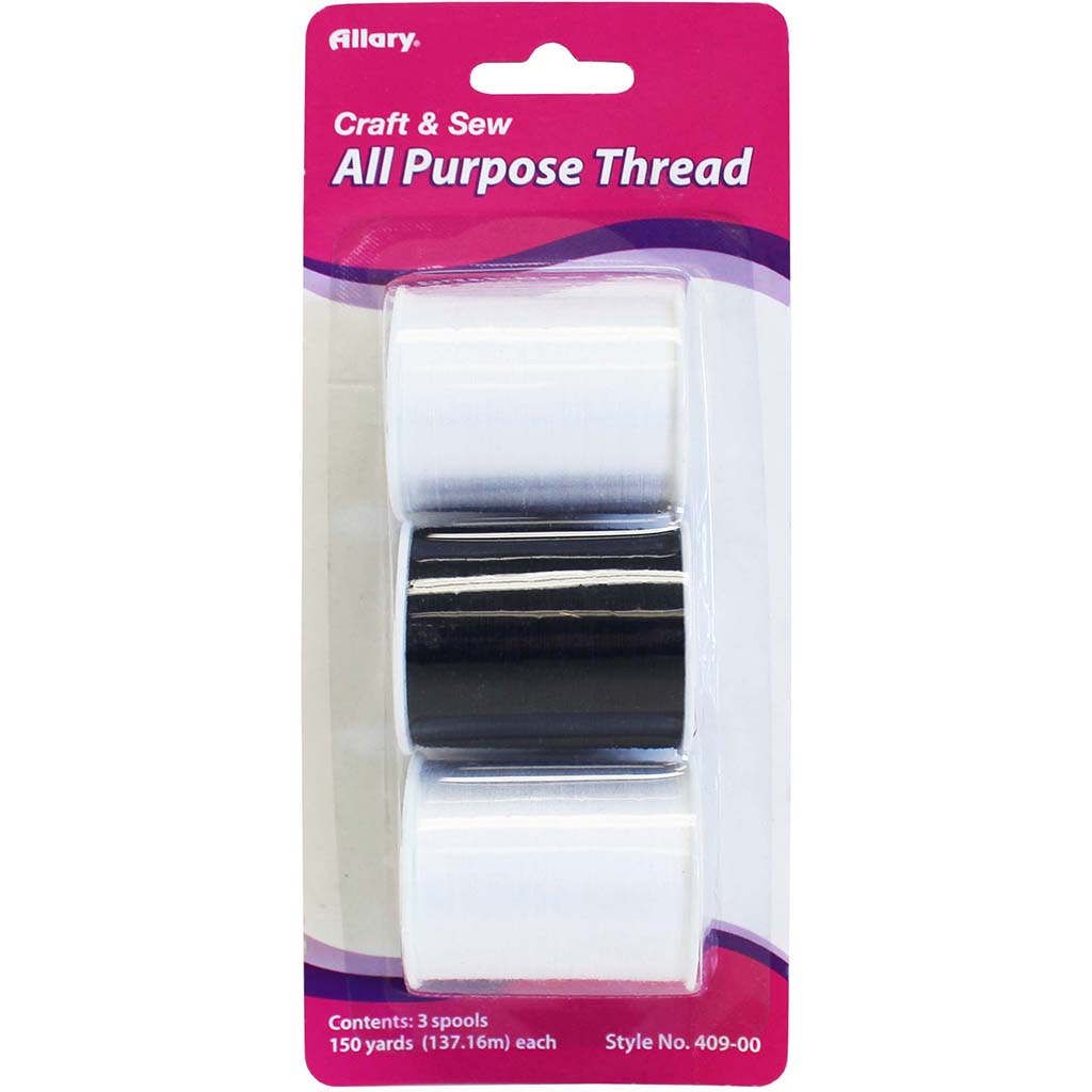 All Purpose Thread, 3 Large Spools(2 White, 1 Black), 150yds ea