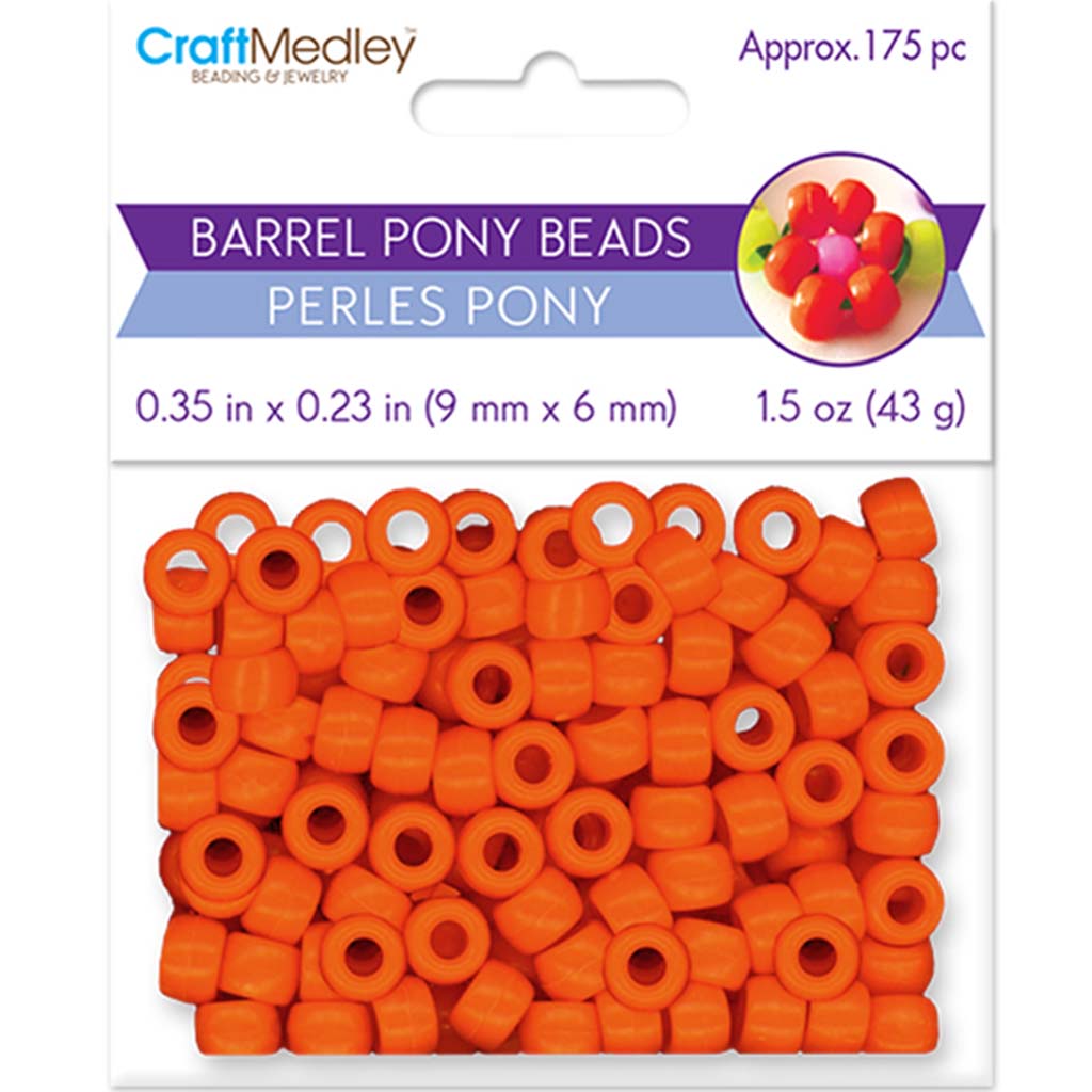 Pony Beads:  Barrel Standard, M, Orange x 175, 9mm x 6mm