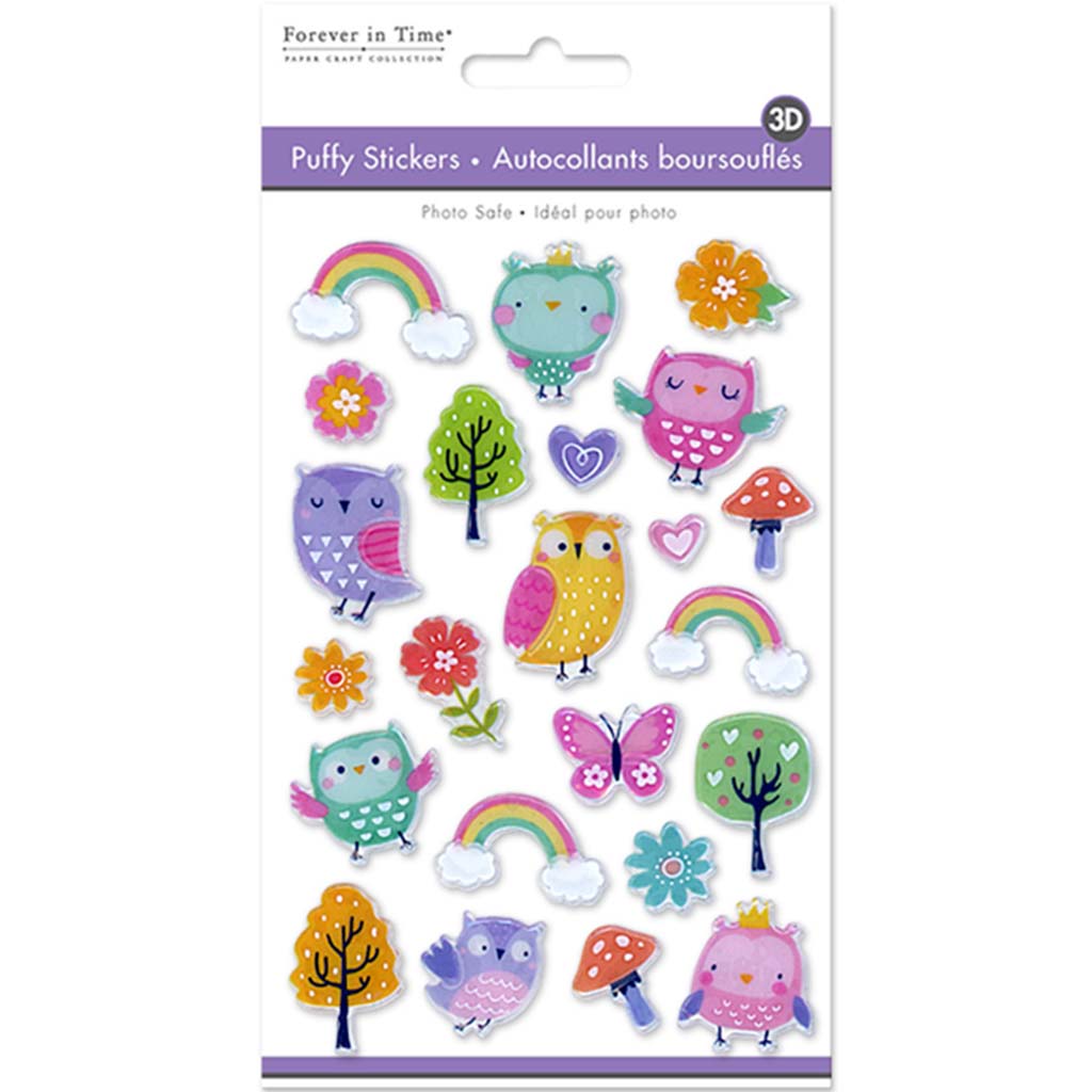 Paper Craft Sticker:  3D Puffy Owl Frolic, 4.1in x 7.5in