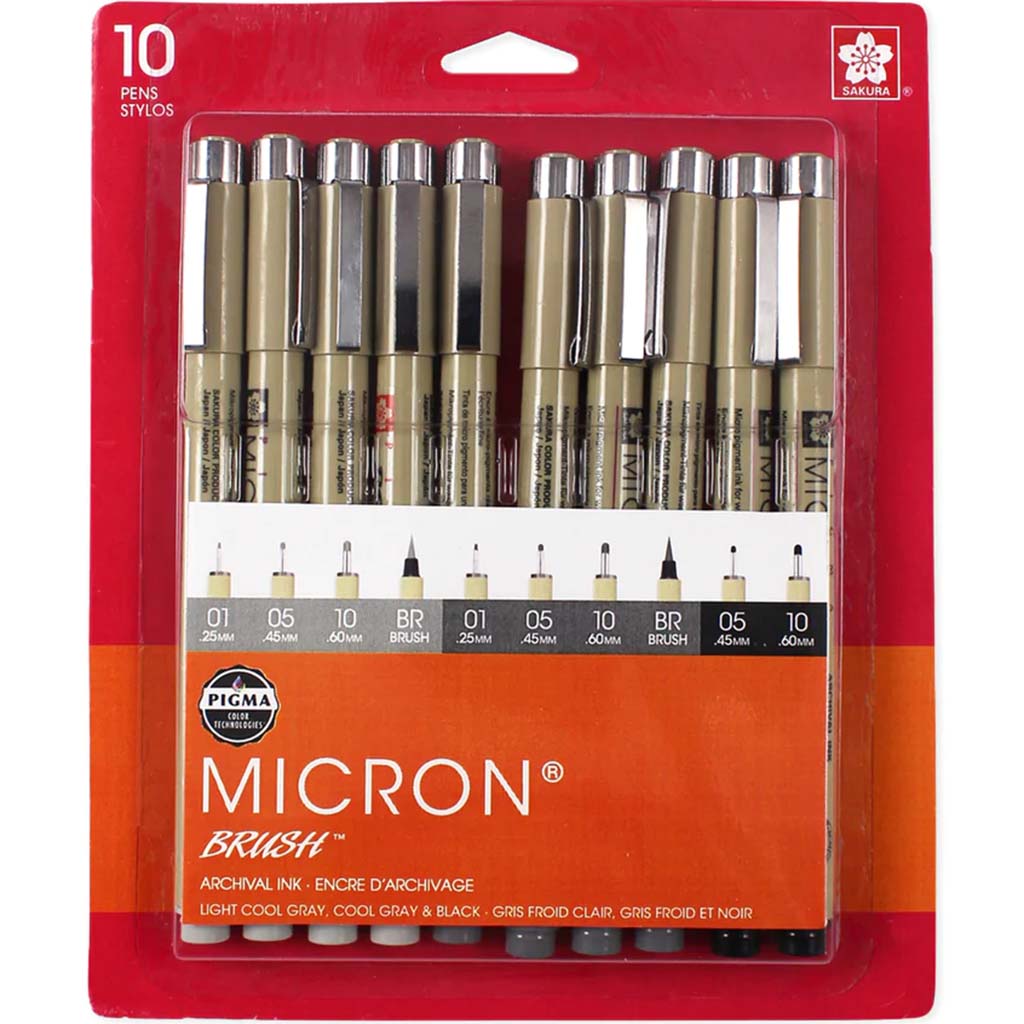 Sakura Pigma Micron Pens Set of 10 Grays and Black