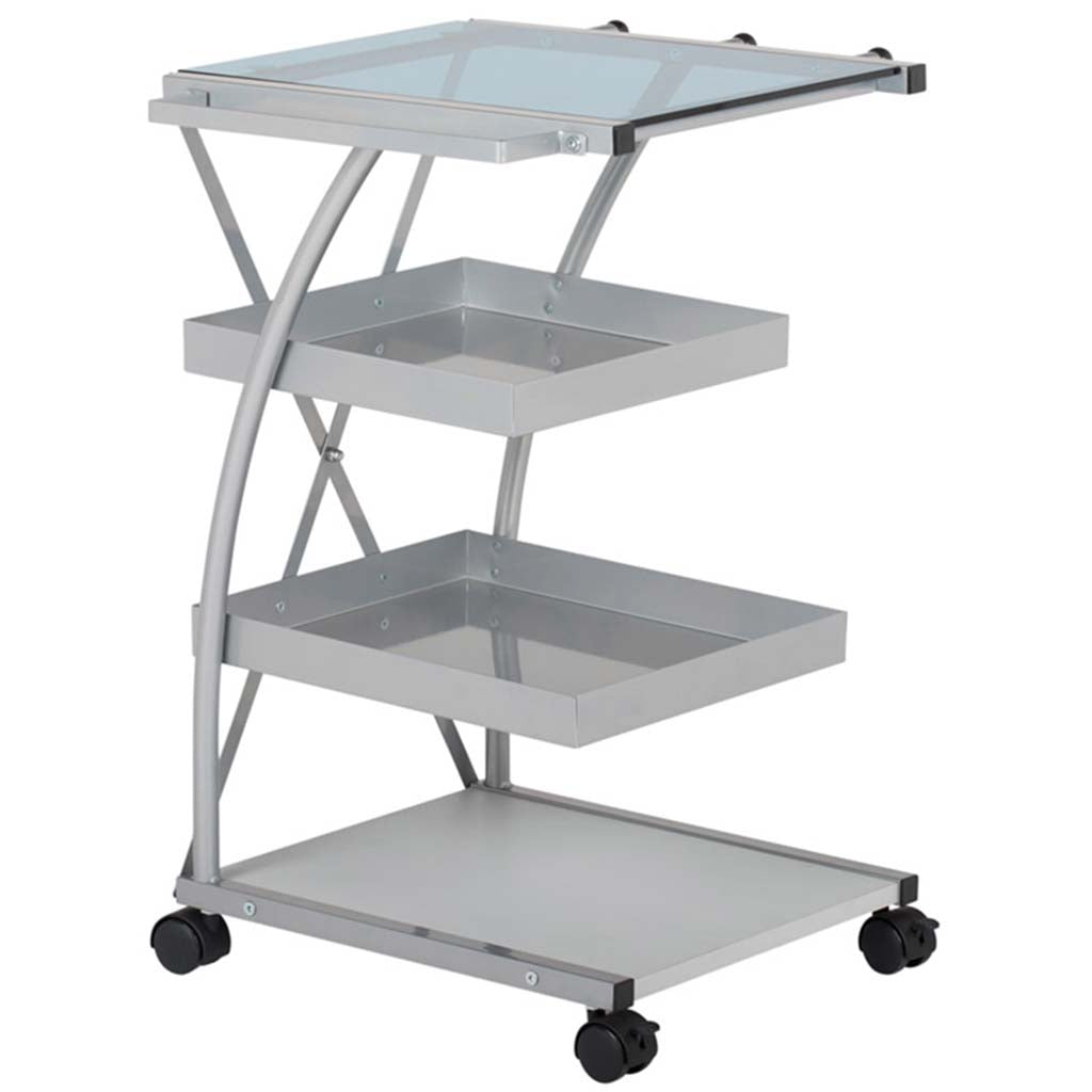 Studio Designs Triflex Metal 4 Shelf Mobile Taboret Cart In Silver/Blue Glass