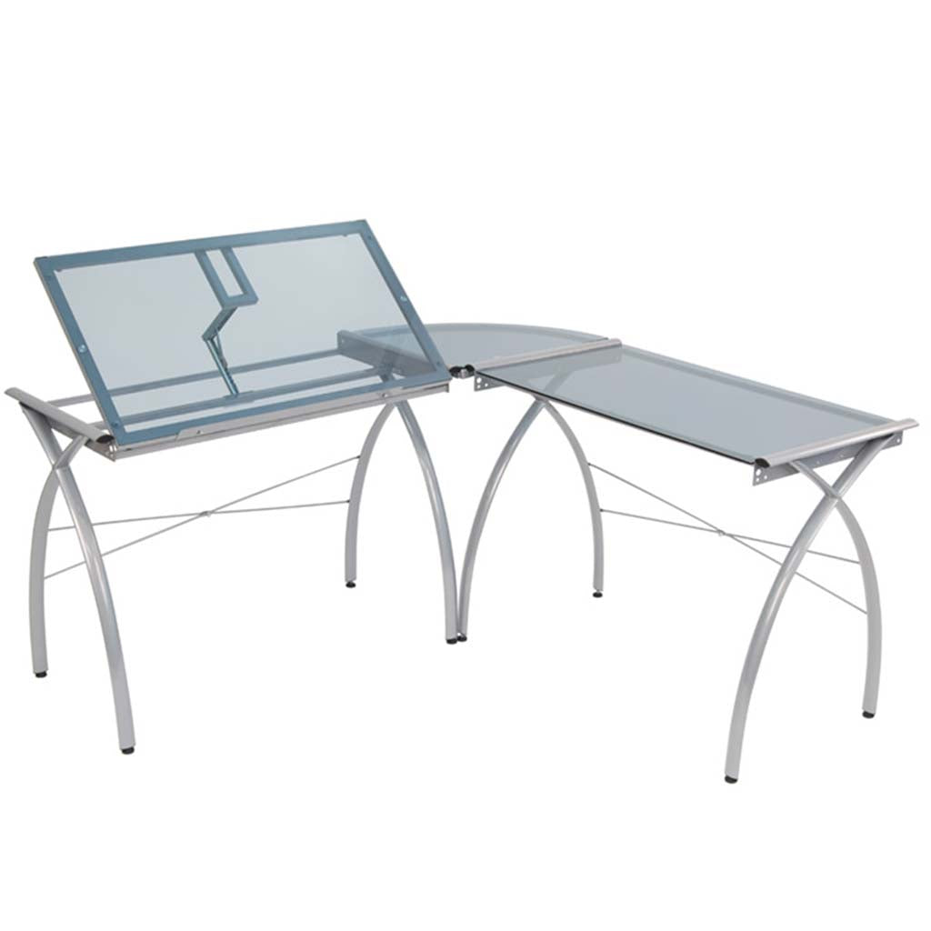 Futura L-Shaped Desk with Adjustable Top Silver/Blue Glass�