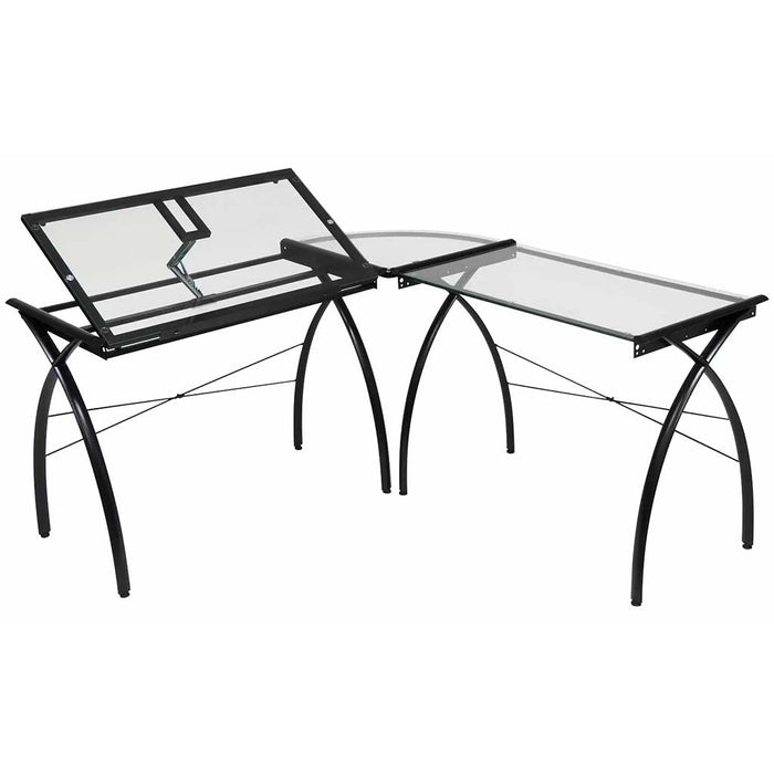 Futura L-Shaped Workcenter with Tilting Top Drafting Desk In Black/Clear Glass