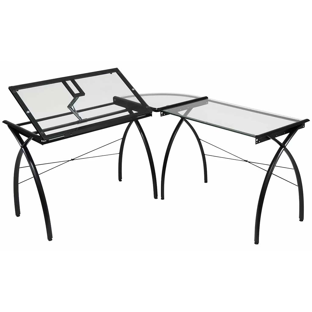 Futura L-Shaped Workcenter with Tilting Top Drafting Desk In Black/Clear Glass