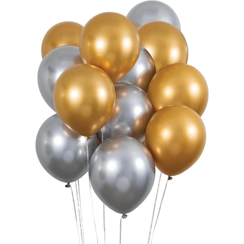 Silver Gold Metallic Birthday Latex Balloons 12in, 12ct