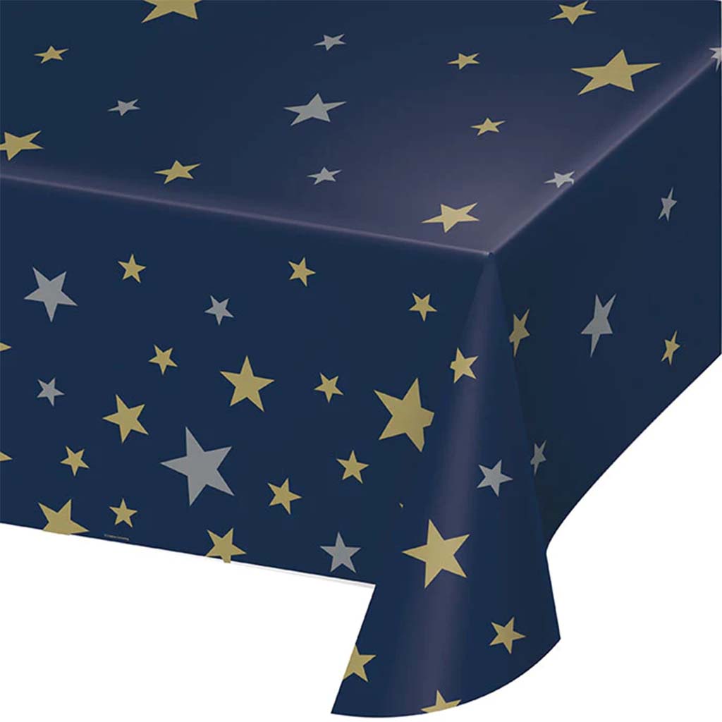 Navy and Gold Stars Plastic Tablecover, 54in x 108in