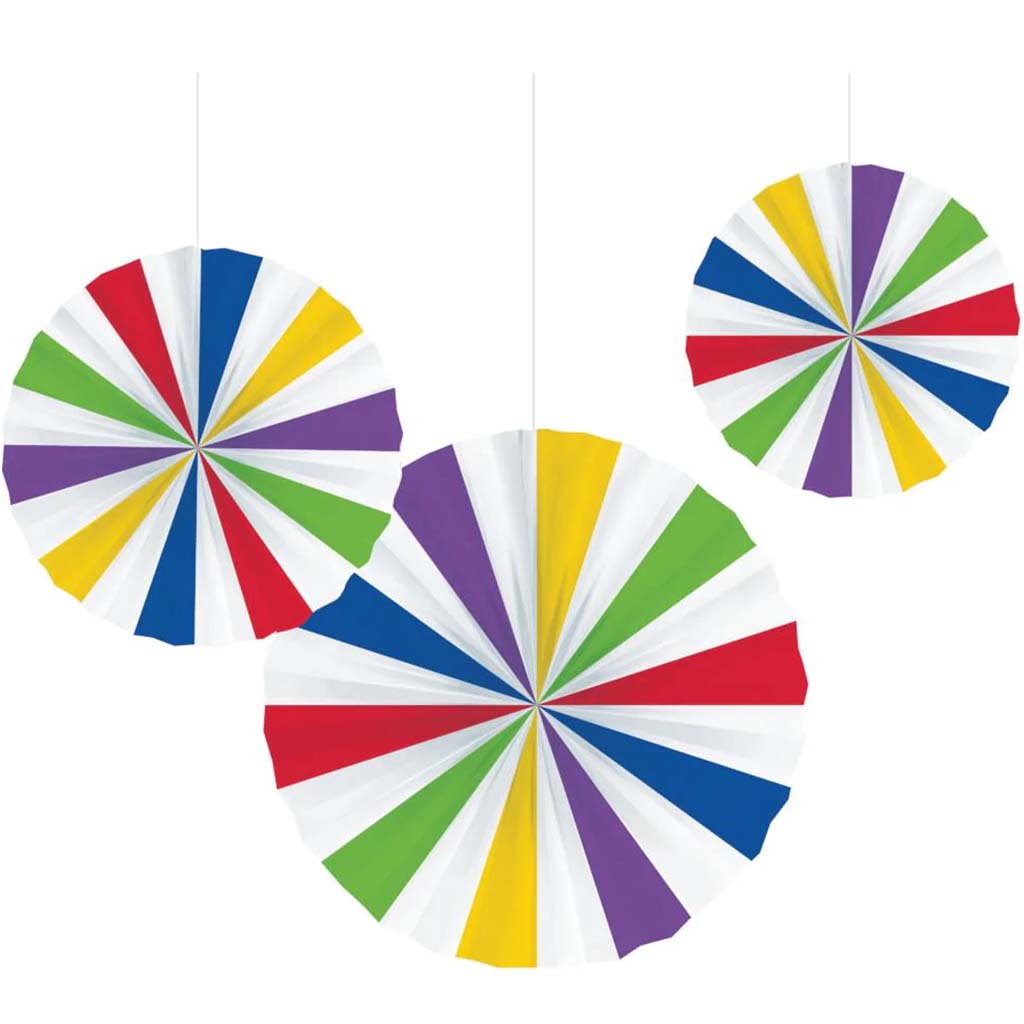 Primary Color Paper Fans, 16in, 12in, 10in, 3ct