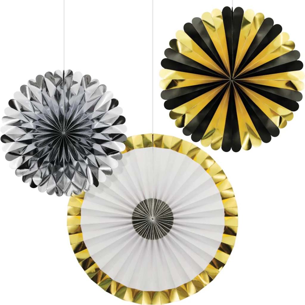 Black, Gold, Silver Foil Paper Fans, 16in, 12in, 10in