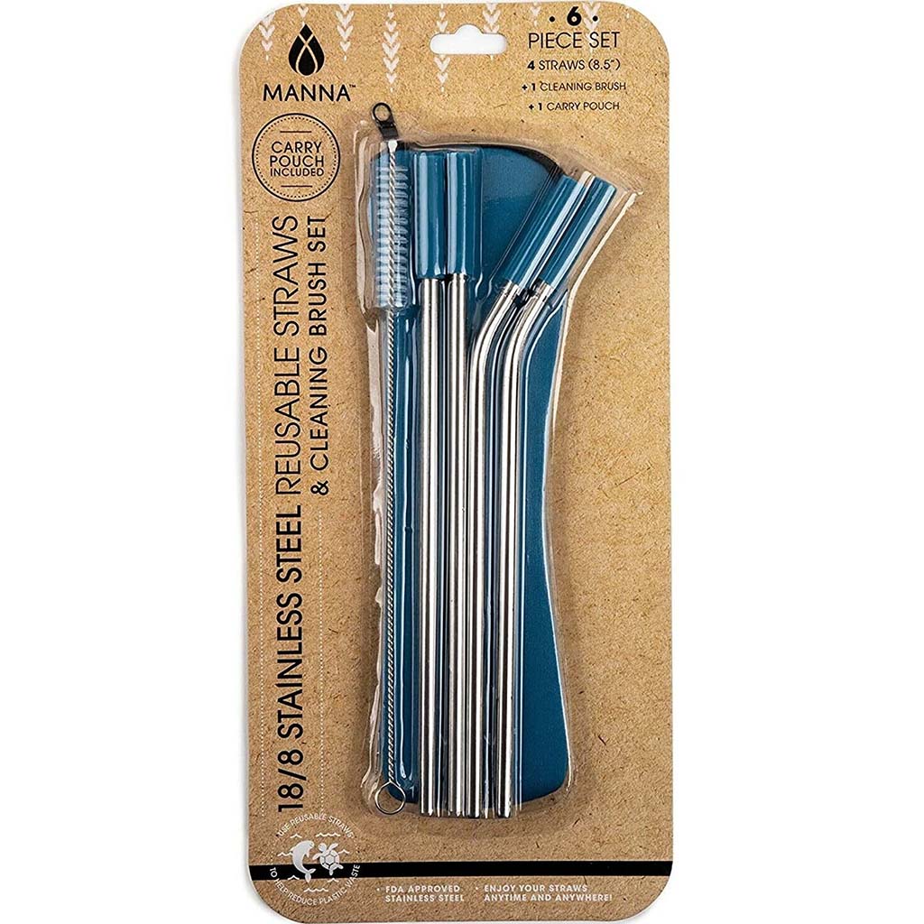 Stainless Steel Drinking Straw Set with Storage Pouch, Denim Blue