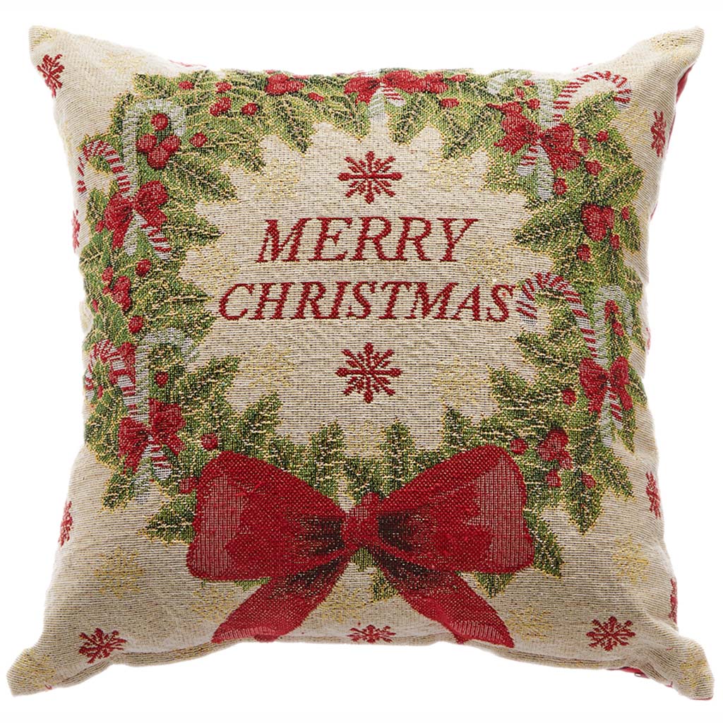 Merry Christmas Pillow Beige Red, 17in W x 17in L