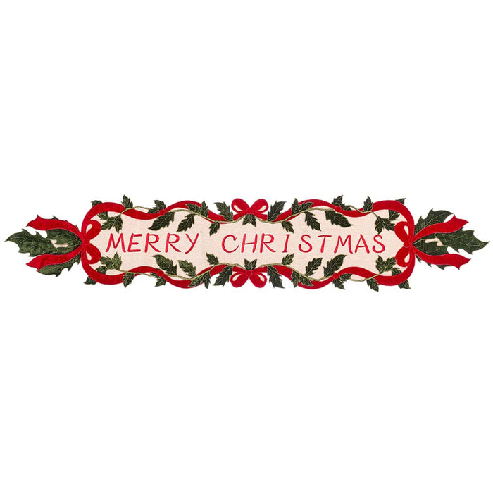 Merry Christmas Holly Table Runner, Red Green 14in W X 72in L